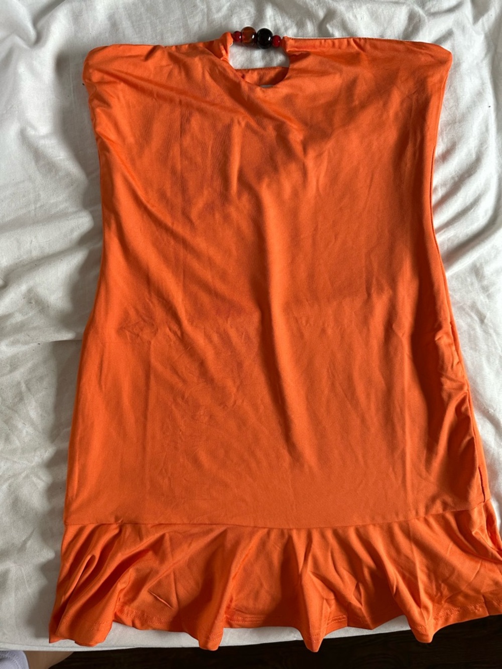 Peppermayo Bright Orange Beaded-Neck Ruffle-Hem mini dress